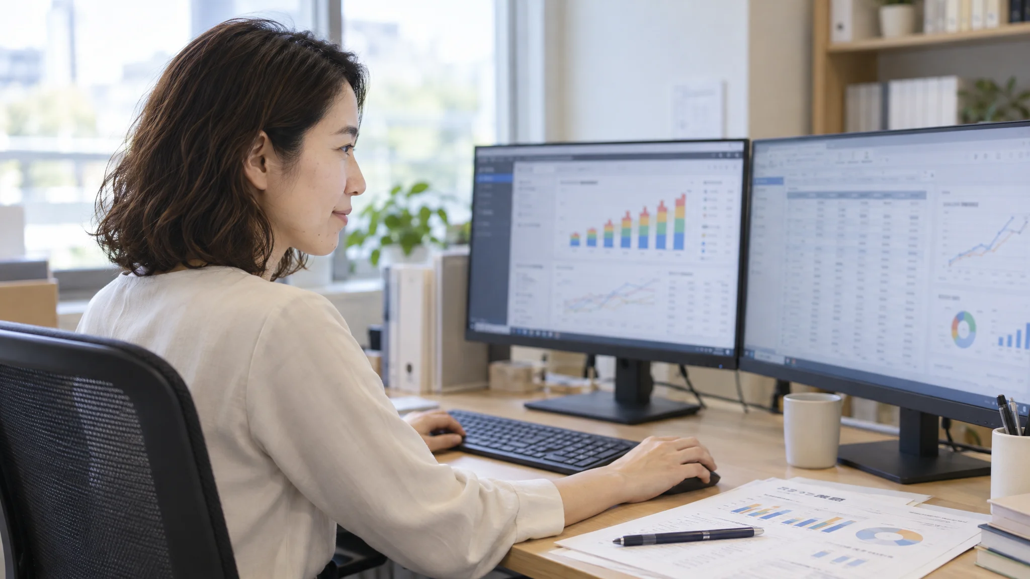 日本人のデータアナリストが、塾の運営ダッシュボードを分析している様子。画面には生徒の学習進捗データとAIによる予測グラフが詳細に表示されている。視線は手元の資料とモニターに向けられ、特定のブランド名が見えない環境で集中している。