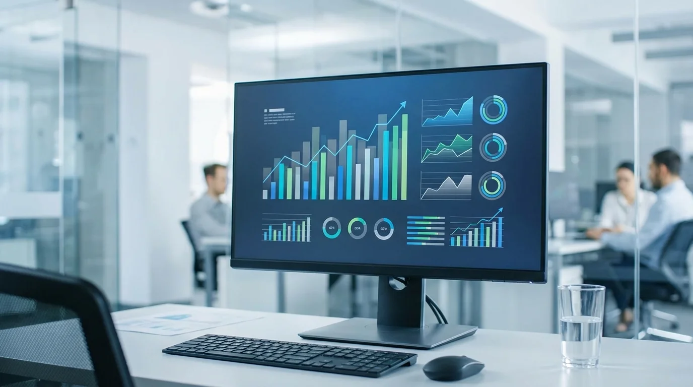 Professional analytics dashboard displaying e-commerce conversion rates, search engine ranking improvements, and complex data visualization for digital marketing performance tracking.