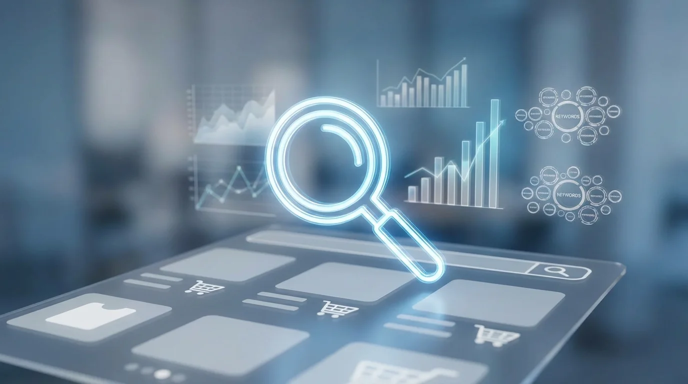 A conceptual visual representing Rakuten SEO showing a digital magnifying glass hovering over a Japanese e-commerce marketplace interface with rising data charts and keyword clouds in the background.