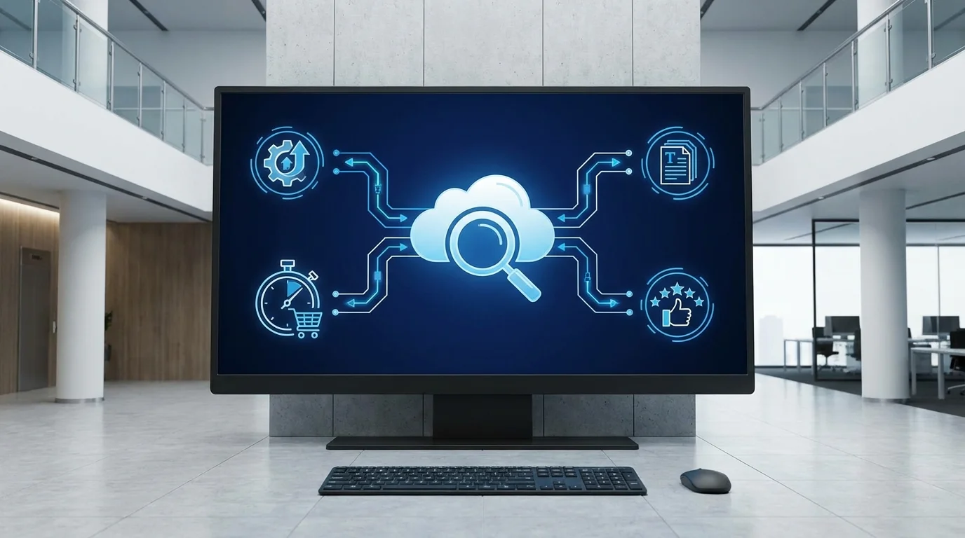 A detailed technical diagram showing the architecture of e-commerce search algorithms including factors like conversion rates, sales velocity, keyword density, and customer review scores in a structured web.