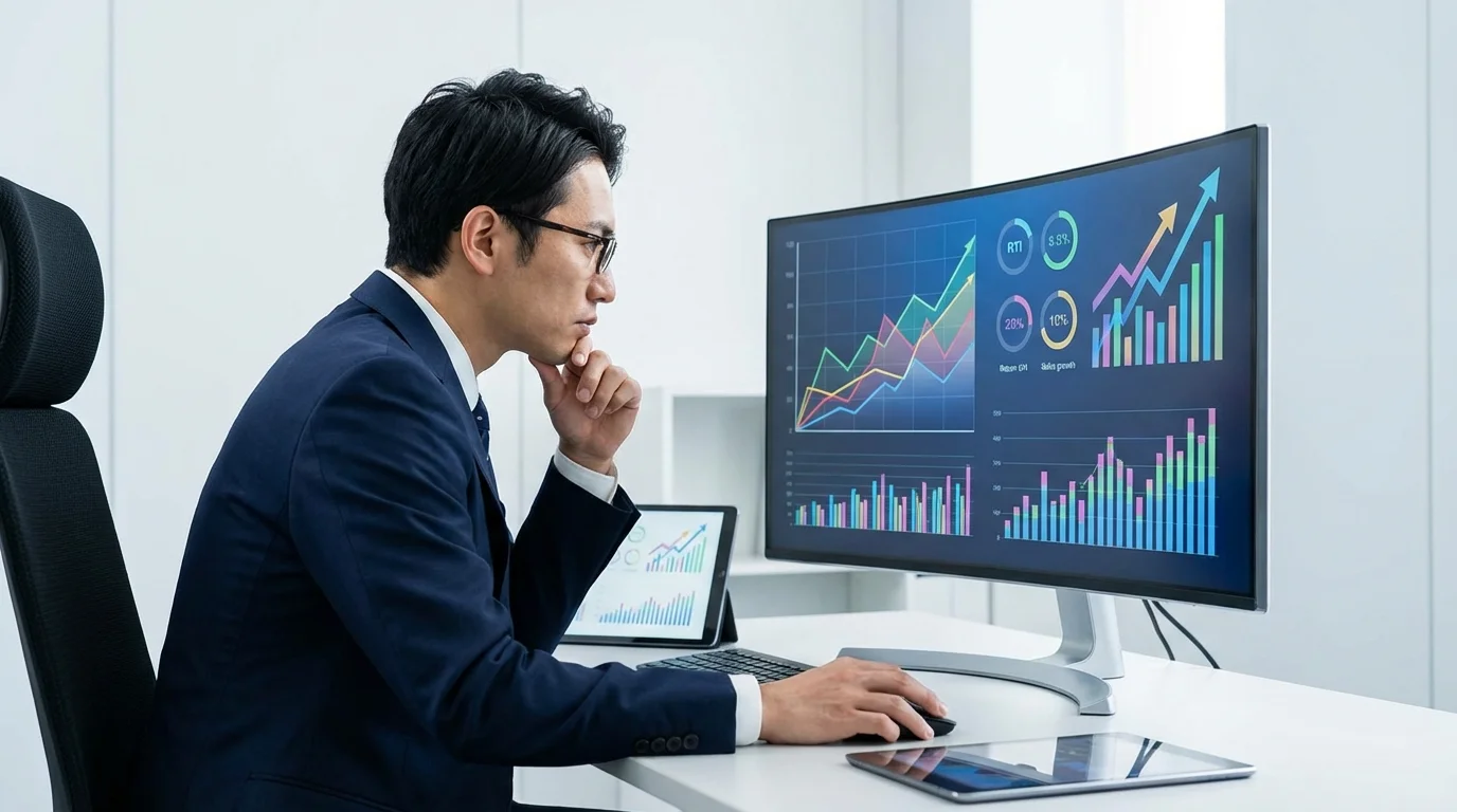 A professional data analyst examining financial performance charts on a large screen, focusing on return on investment metrics and sales growth data for a business enterprise.
