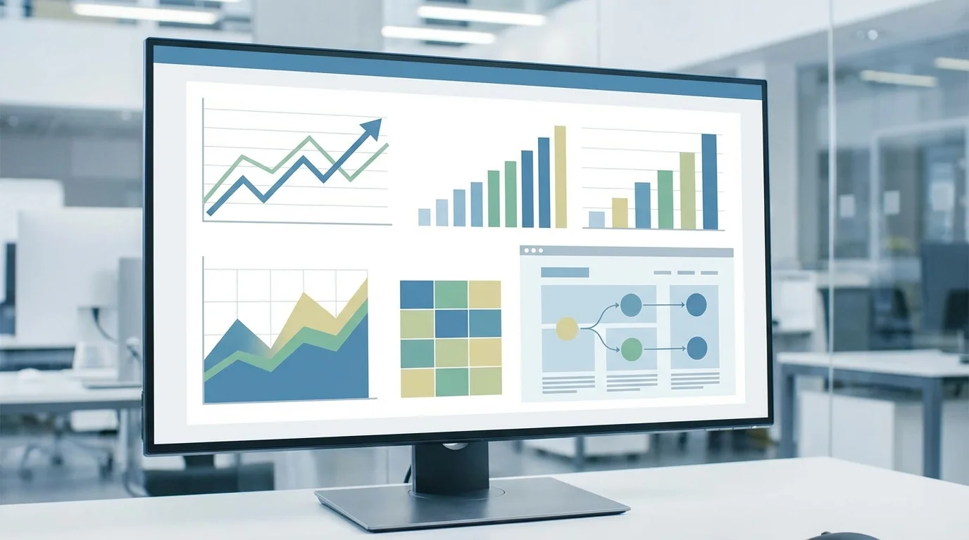 A professional business dashboard showing organic search traffic growth metrics, conversion rate trends from SEO channels, and data visualization of user behavior on an e-commerce platform.