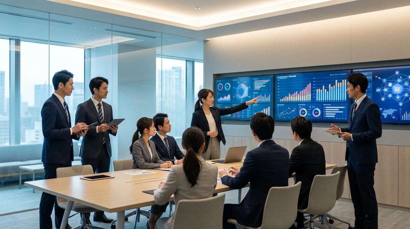 Professional business consulting environment showing data visualization on multiple screens and a diverse team discussing e-commerce channel strategies and digital transformation.