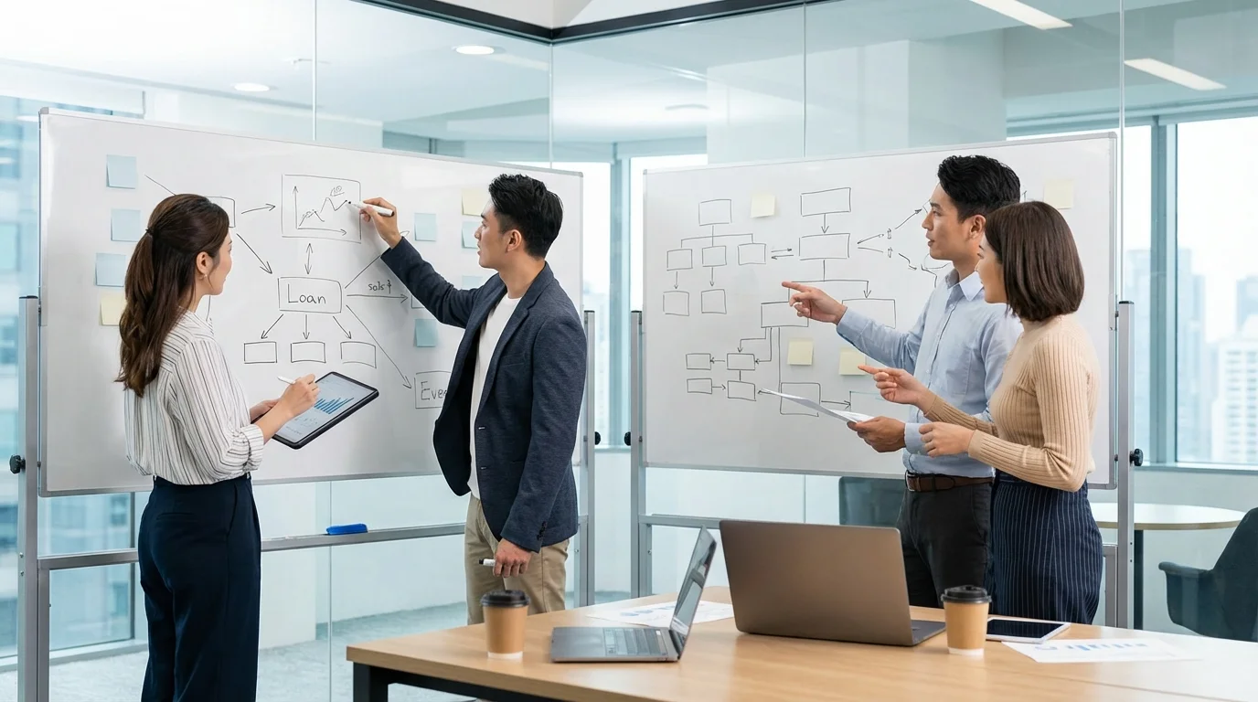 A team of professional consultants collaborating on a strategic business roadmap using whiteboards and digital tablets for e-commerce growth.