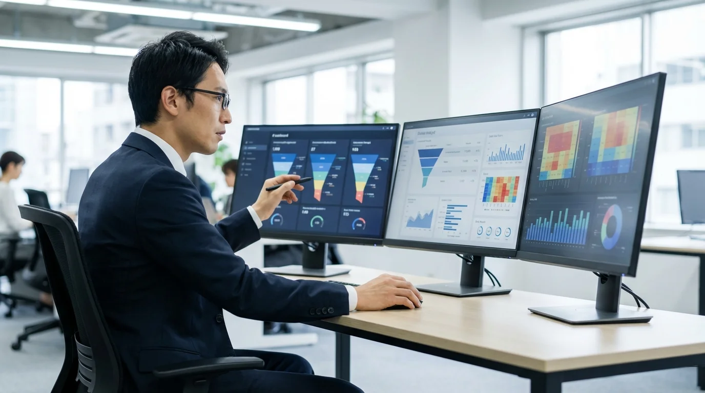 A professional business analyst reviewing complex e-commerce data charts on multiple screens, focusing on Amazon marketplace performance indicators and conversion rate optimization strategies.