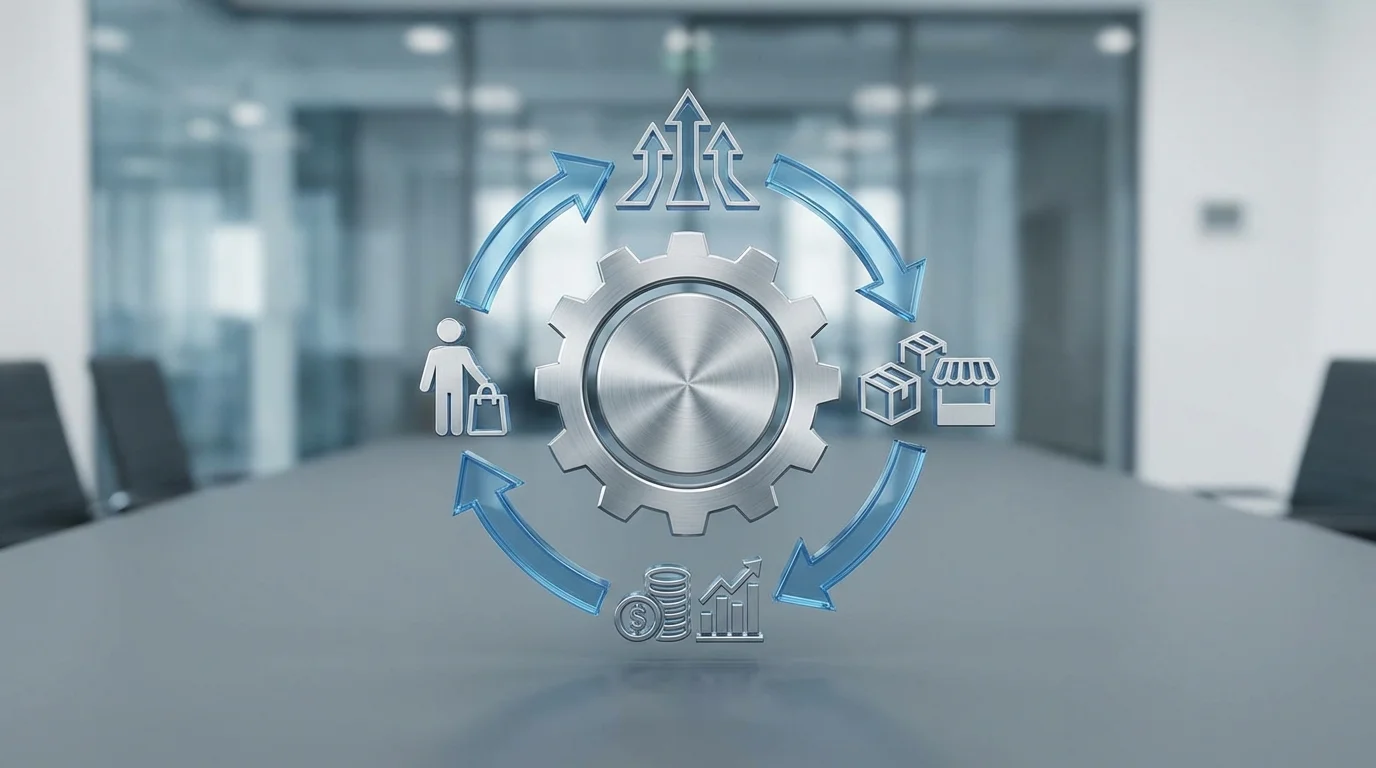 A conceptual diagram showing the flywheel effect in business, illustrating how customer experience leads to traffic, sellers, and selection, ultimately driving lower prices and growth.