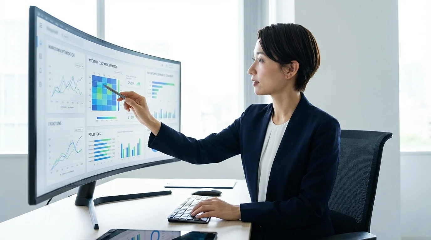 Professional business analyst reviewing automated pricing algorithms on a high-tech screen, focusing on markdown optimization and inventory clearance strategies.