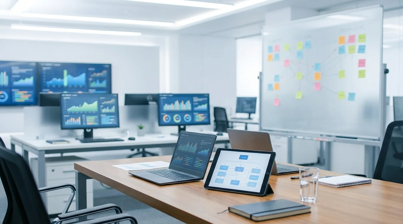 Professional workspace showing digital marketing dashboards, ecommerce metrics, and strategic planning tools for business optimization.