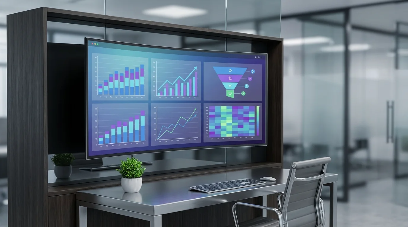 A high-tech digital dashboard showing complex e-commerce analytics, sales funnels, conversion rates, and data-driven business intelligence visualizations on a sleek workspace.