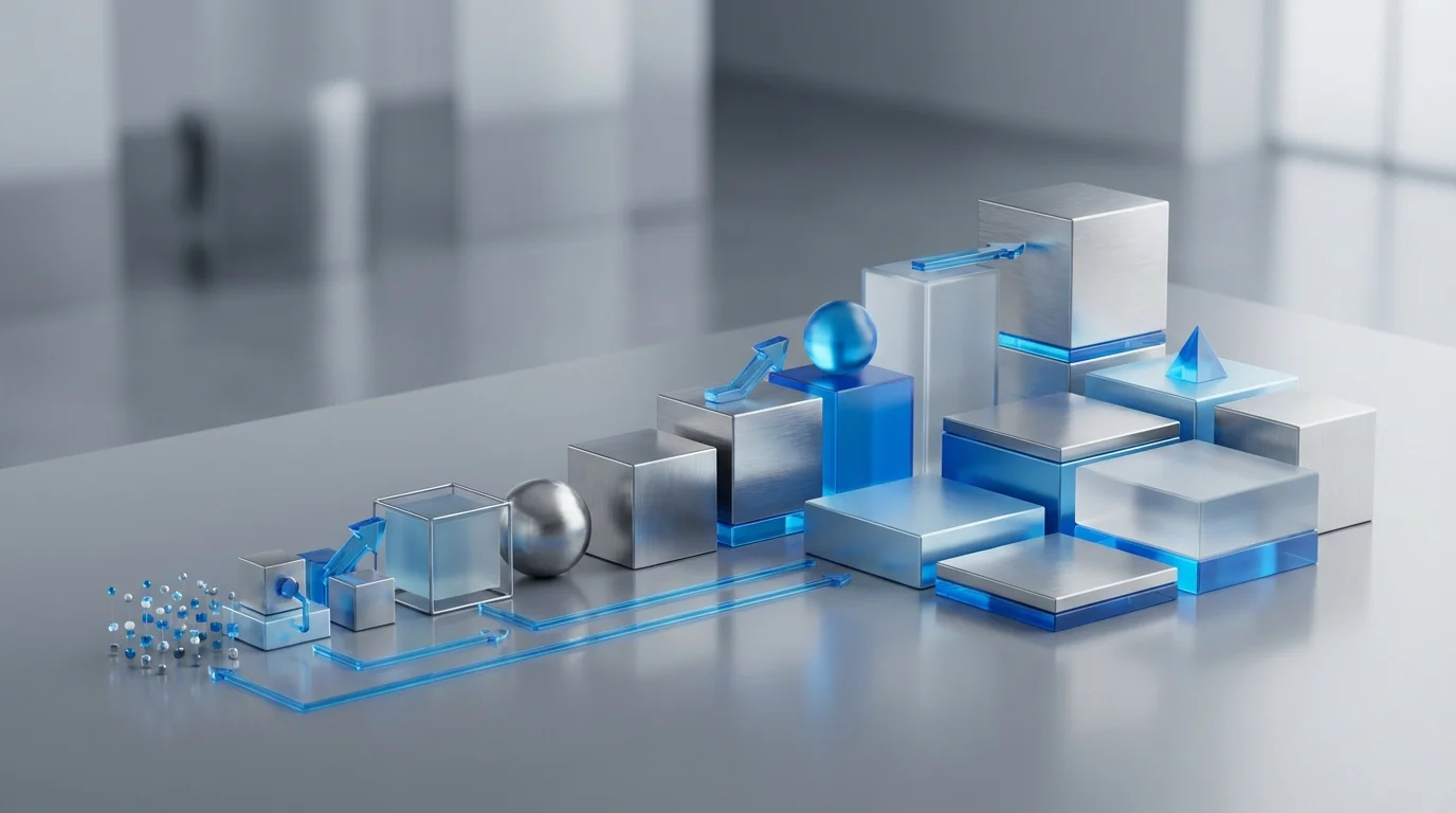 A conceptual business growth roadmap diagram showing incremental steps from data analysis to market expansion, visualized through 3D abstract geometric shapes and lines.