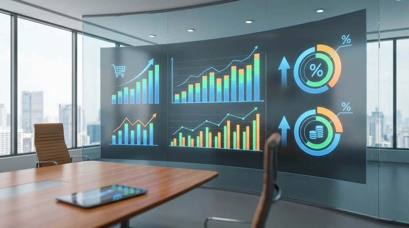 A high-tech dashboard displaying e-commerce key performance indicators, conversion rates, and sales data visualization charts in a clean corporate environment.