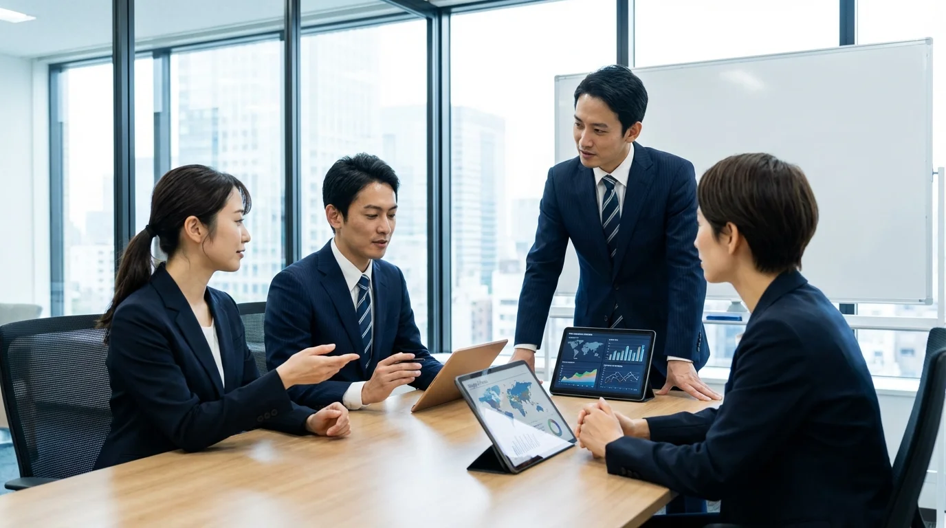 Strategic business meeting with professional consultants analyzing retail market trends and supply chain logistics optimization on digital tablets.