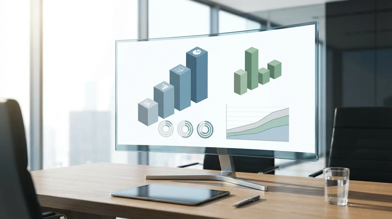 A professional business dashboard displaying key performance indicators such as conversion rates and average order value with 3D bar charts and clean data visualization elements.