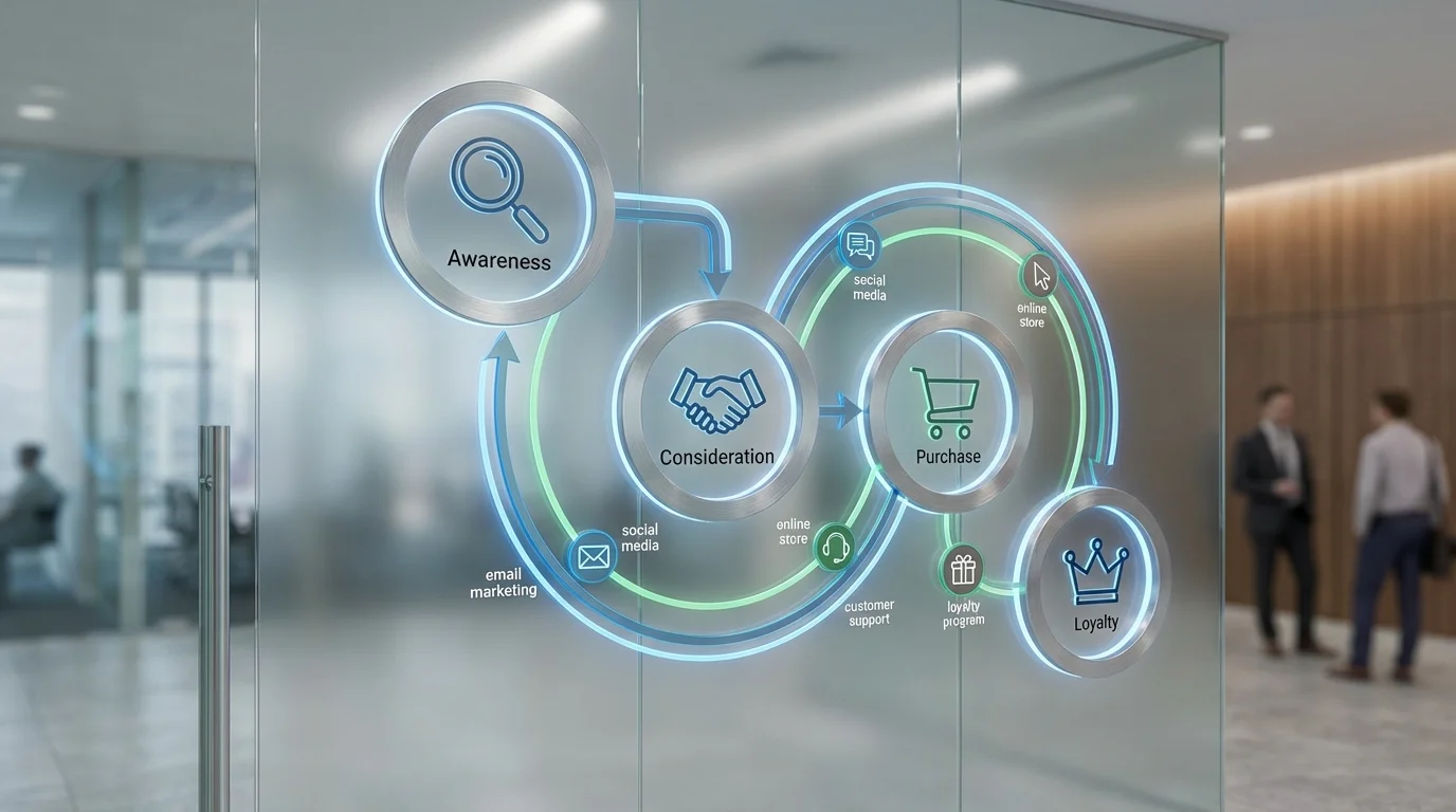 An intricate diagram illustrating the customer journey from awareness to loyalty, featuring touchpoints like email marketing and loyalty programs in a circular feedback loop.