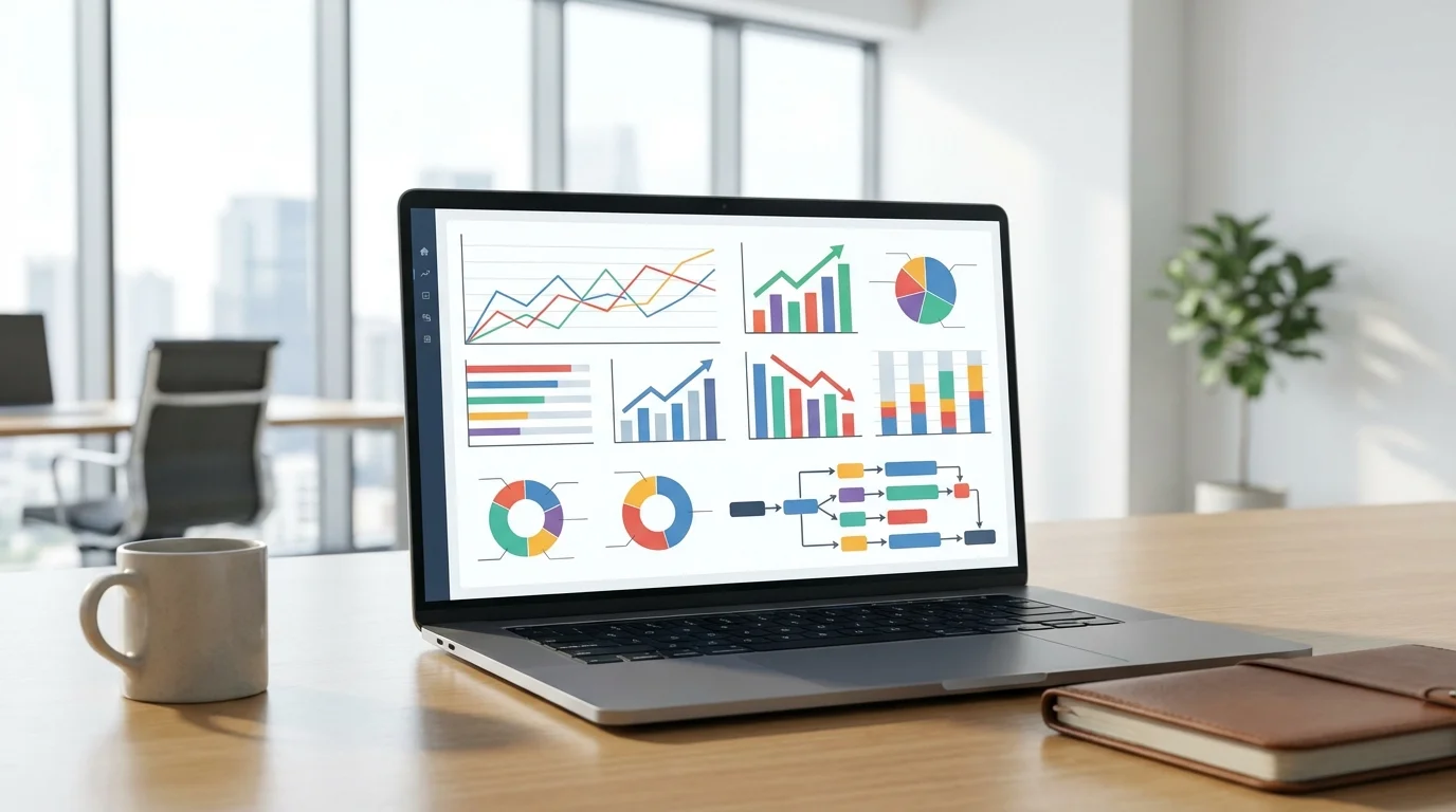 Detailed business analytics dashboard on a laptop screen showing conversion rates, customer acquisition costs, and sales growth trends in a professional office setting.