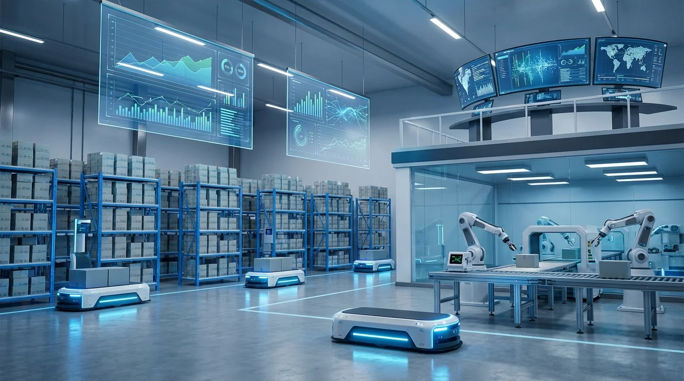 High-tech warehouse logistics visualization showing automated inventory tracking systems and data-driven supply chain management dashboards for e-commerce operational efficiency.