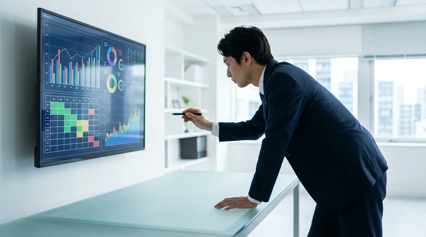 Business professional analyzing complex financial data and inventory matrices on a large screen to optimize resource allocation and prevent stagnant stock in a retail environment.