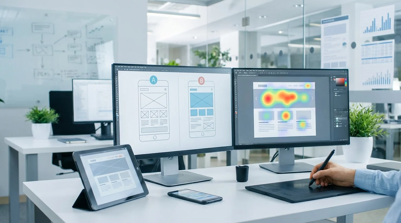 A technical representation of a user interface design process focusing on conversion rate optimization, featuring A/B testing elements, heatmap visualizations, and mobile-responsive layout adjustments.