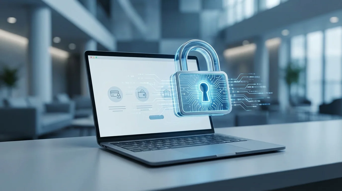 Secure online transaction concept featuring a digital lock icon over a payment gateway interface, symbolizing trust, security, and the reliability of an e-commerce platform.