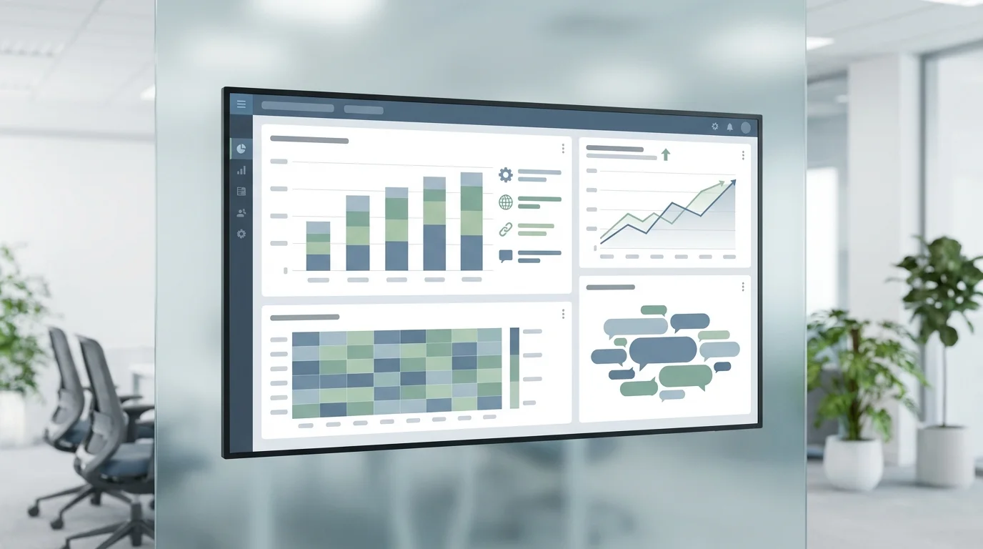 Data visualization dashboard showing search engine ranking factors, organic traffic growth, and keyword density analysis in a clean and modern digital interface for marketing professionals.