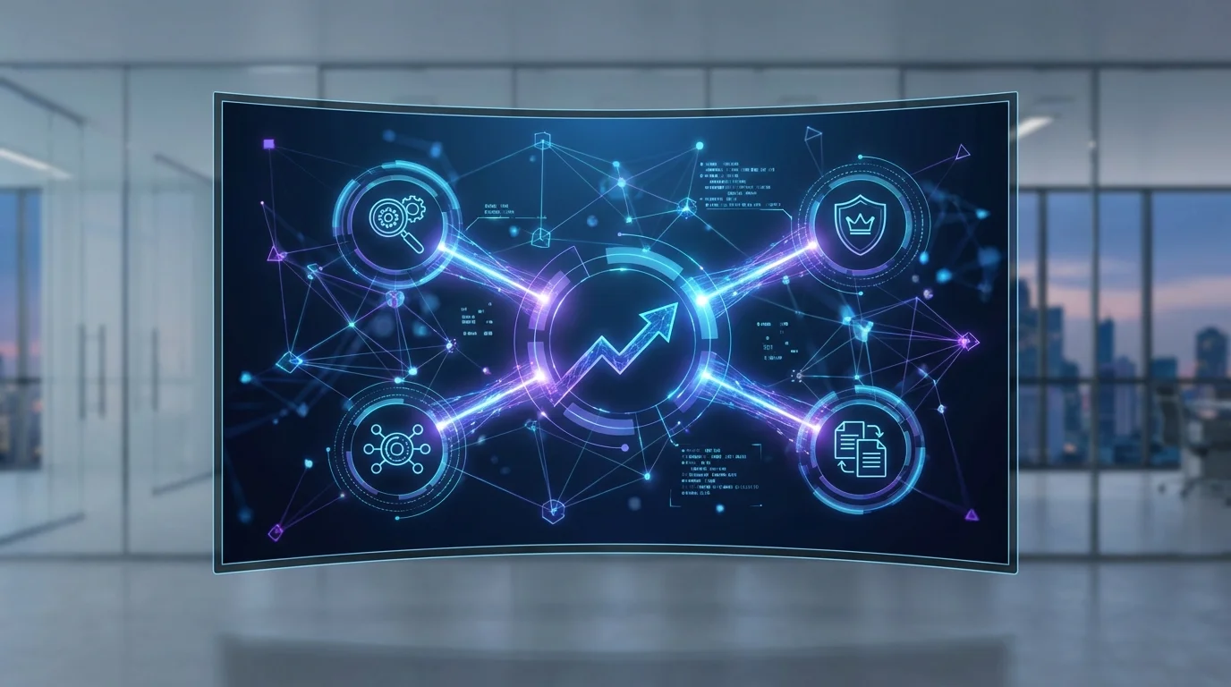A high-tech digital strategy map showing interconnections between search engine optimization, website authority, and content relevance, designed for strategic business growth planning.