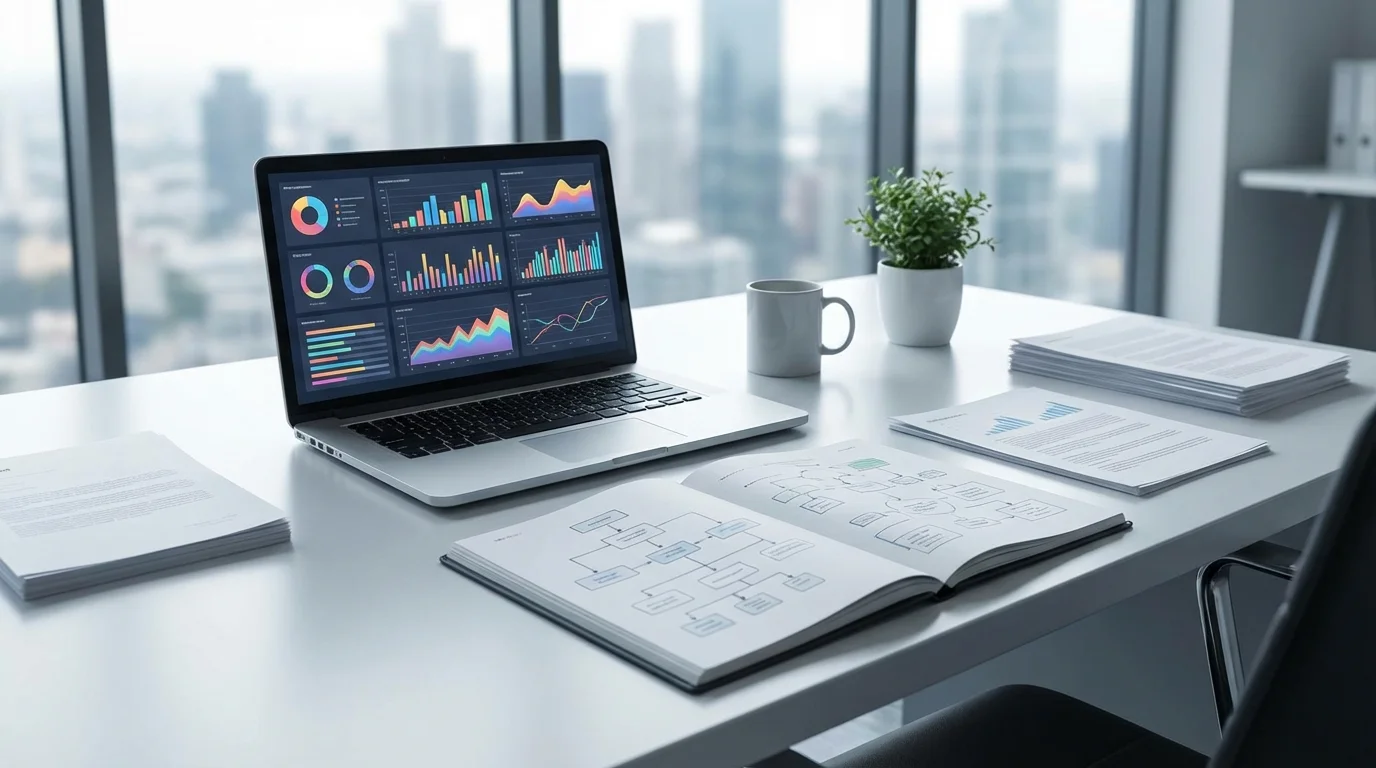 A professional business workspace showing a laptop with SEO analytics tools and a digital marketing strategy map, emphasizing organic search growth and cost management.