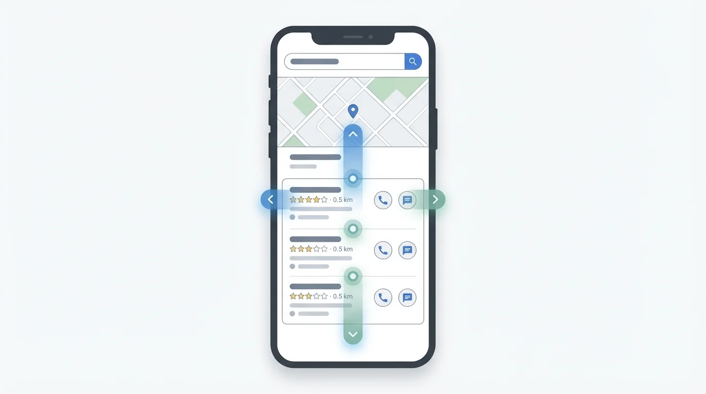 Detailed technical illustration of mobile search engine results pages (SERP) showing the local pack section with business ratings, distances, and contact buttons, highlighting user interaction data.