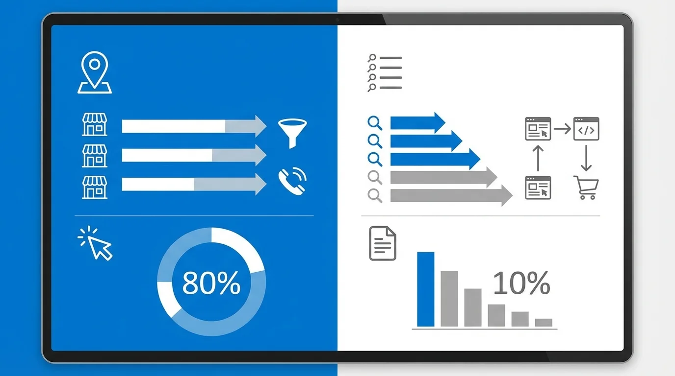 A professional business infographic comparing the structure of Google Local Pack and traditional organic search results, showing conversion paths and click-through rate distributions.