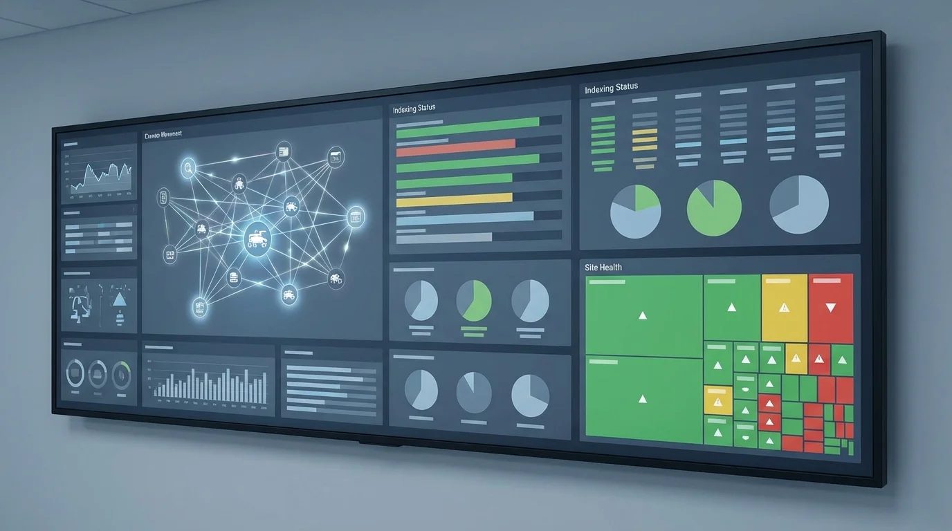 A detailed technical dashboard visualizing search engine crawler activity, indexing status, and site architecture health metrics for a large-scale e-commerce website.