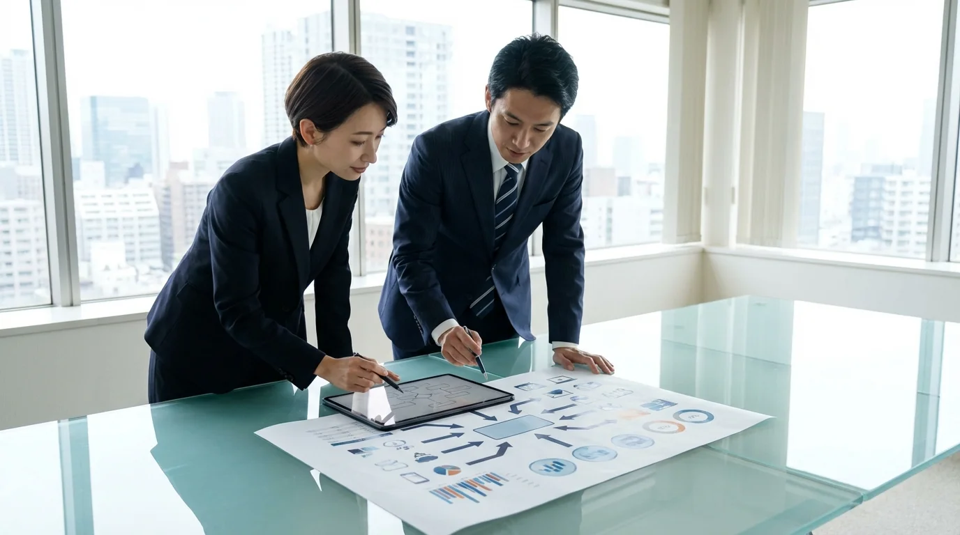 Two business professionals reviewing a comprehensive SEO roadmap and marketing funnel chart to align on long-term growth objectives and search engine visibility.