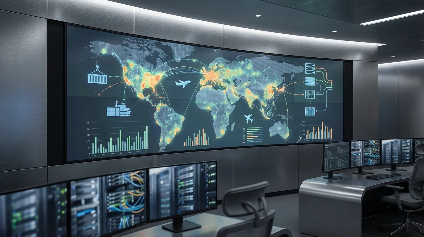 A sophisticated data visualization dashboard showing global logistics flows, shipping routes, and real-time e-commerce transaction data across different time zones, emphasizing the technical infrastructure of cross-border trade.
