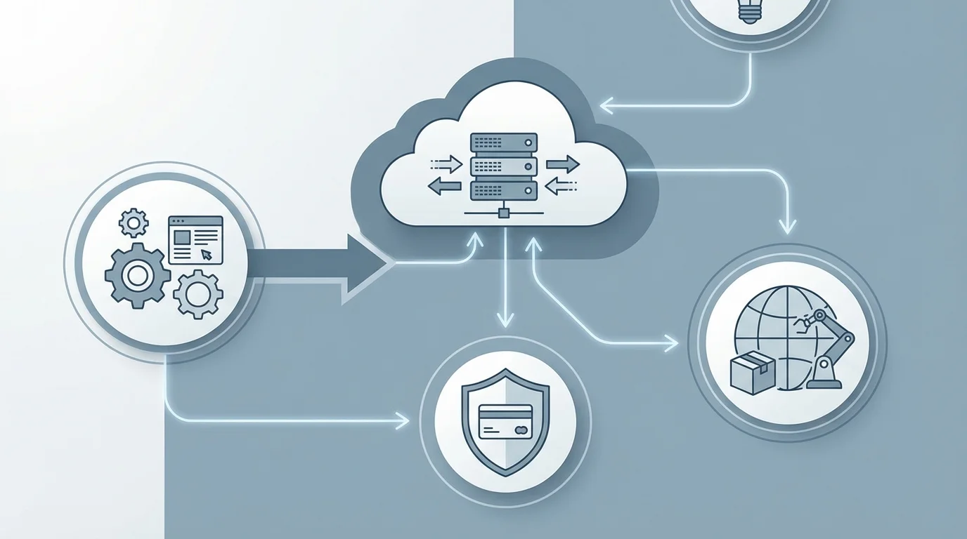 An architectural diagram illustrating a modern e-commerce tech stack, including API integrations, cloud hosting services, secure payment gateways, and automated fulfillment systems for international shipping.