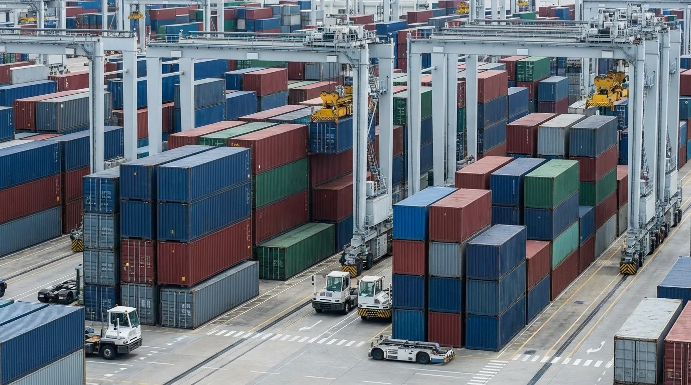 Detailed close-up of a shipping container terminal with various international cargo boxes, illustrating complex global logistics, supply chain management, and the physical movement of goods across international borders.