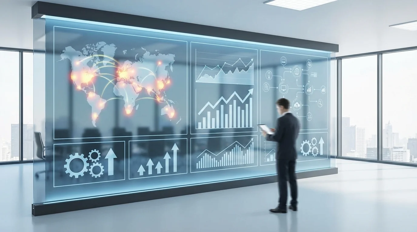 Professional business dashboard showing global marketing analytics, conversion rate graphs, and search engine optimization data, representing the strategic analysis required for international EC success.