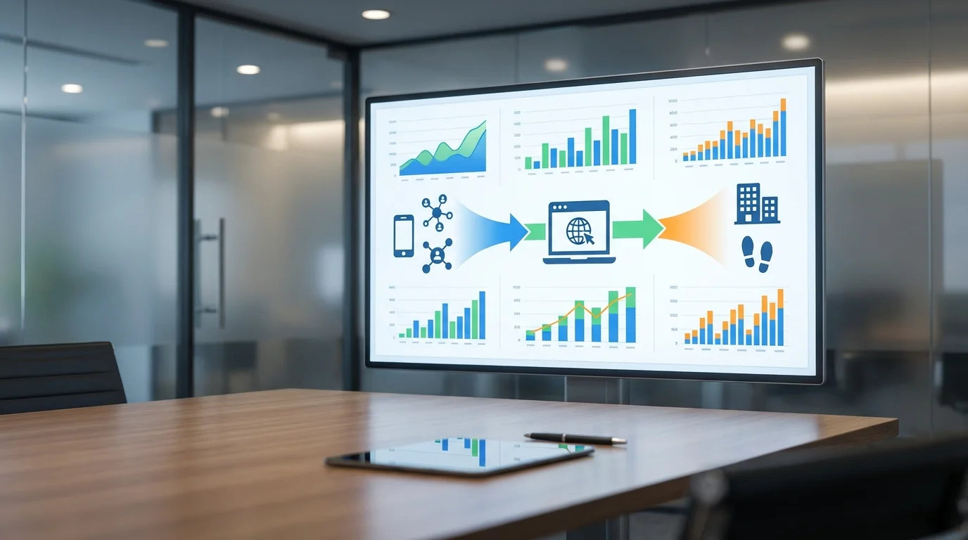 Digital marketing dashboard showing customer acquisition metrics from social media to physical store visits, illustrating the conversion funnel of O2O strategies in a professional business setting.