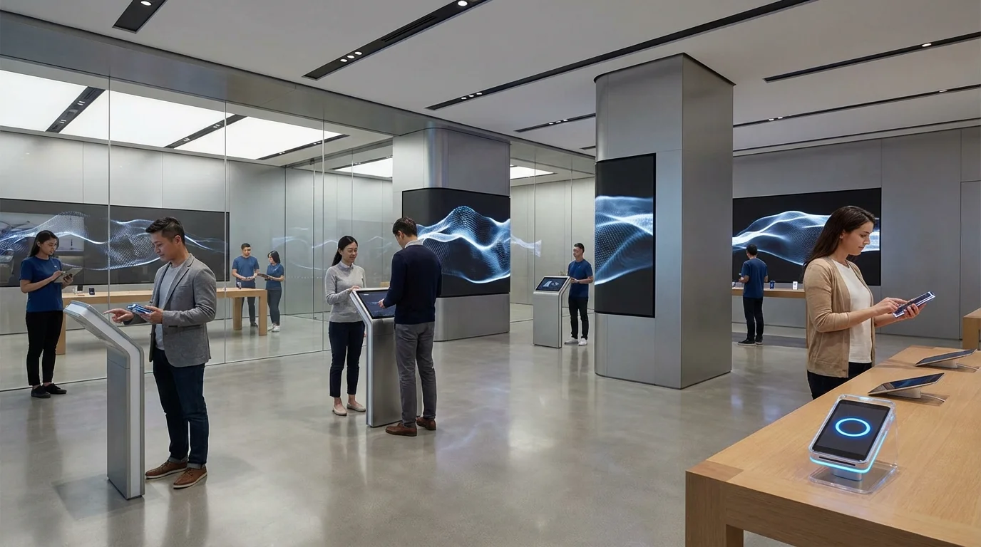 High-tech retail environment with integrated digital signage and mobile payment systems, representing the sophisticated infrastructure required for modern OMO and O2O business operations.