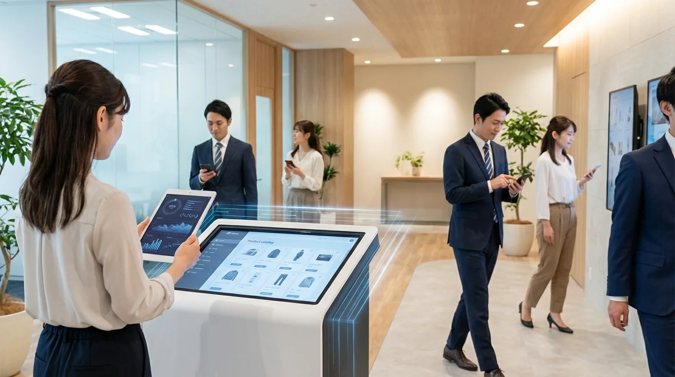 Professional business environment showing data integration between mobile devices and physical retail interfaces, emphasizing the seamless flow of customer information in an OMO framework.