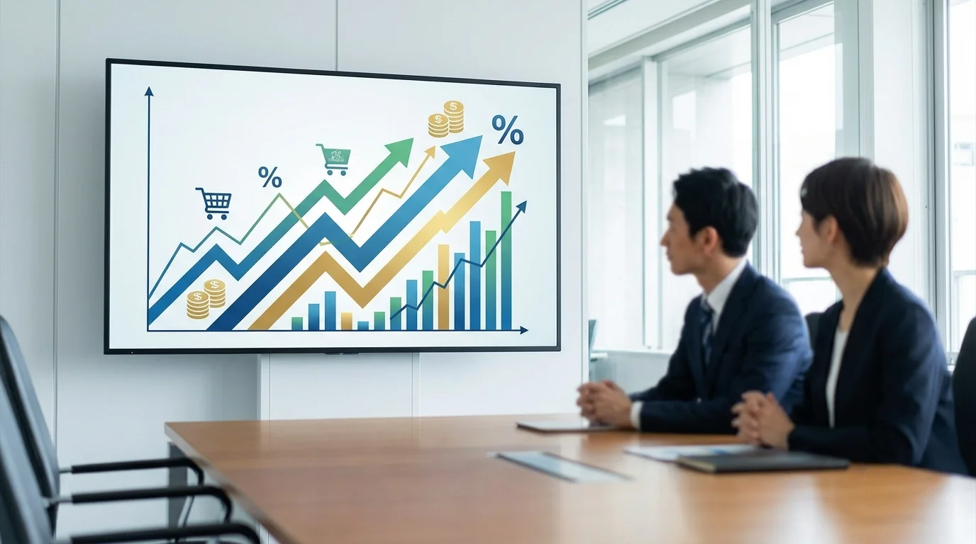Detailed financial analytics chart showing upward trends in return on ad spend and conversion rates for online retail business operations.