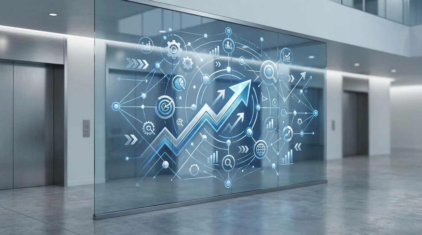 Technical representation of algorithm optimization and digital marketing strategy involving complex data nodes and connectivity symbols.