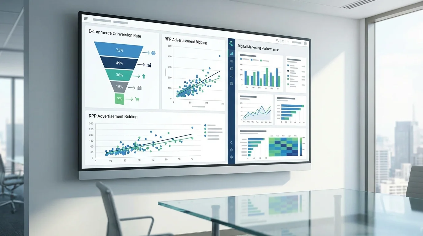 Detailed data analysis representation showing e-commerce conversion rate metrics, RPP advertisement bidding strategies, and digital marketing performance indicators on a high-resolution screen.