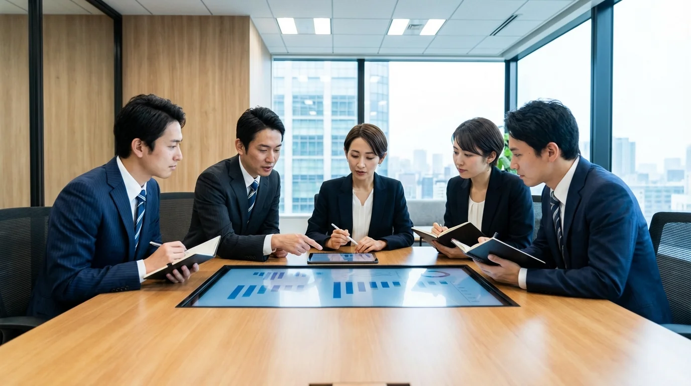 A collaborative business meeting focused on strategic e-commerce growth, featuring diverse professionals analyzing data reports and planning multi-channel retail operations.